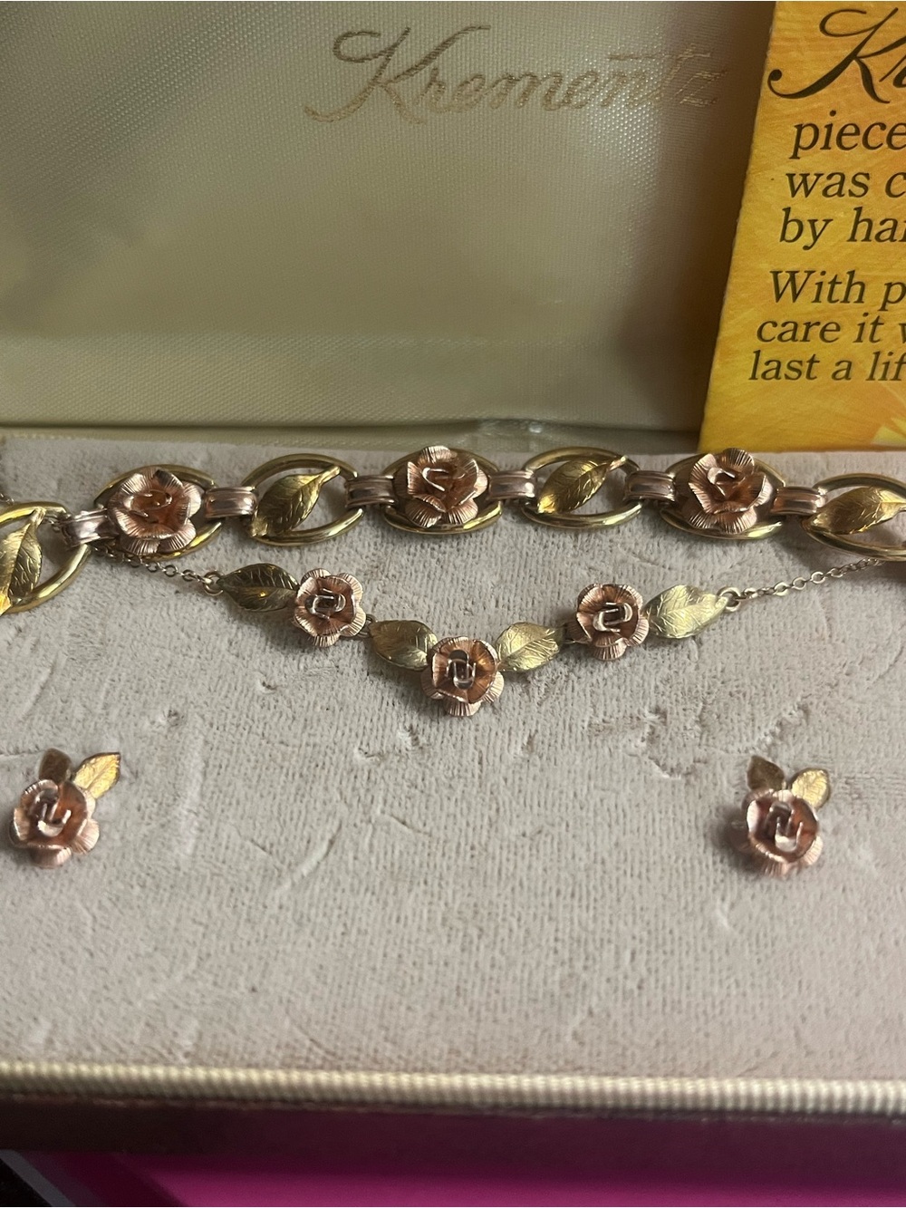 Vintage Krementz Rose Gold Overlay Jewelry Set 3 Piece Boxed - Picture 2 of 5